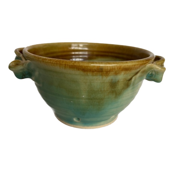 Studio Art Pottery Colander Strainer Fruit Bowl Pottery Green Brown Hand Made - Picture 6 of 7